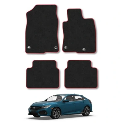 Image of Car Mats Compatible with Honda Civic (2017+) Tailored Fit Red Trimmed Carpet Floor Mat Set Accessory Black Custom Fitted 4 Pieces Clips Anti Slip Backing &amp; Trim Edging