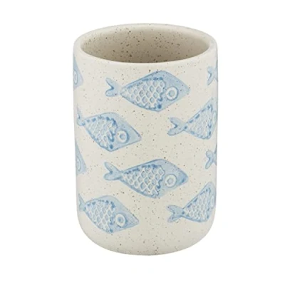 Image of WENKO Cup Aquamarine Holder for Toothbrush and Toothpaste, Ceramic, Beige, 11 x 8 cm