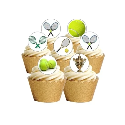 Image of 24 PRE Cut Tennis Sport Edible Wafer Paper Cake Toppers Decorations