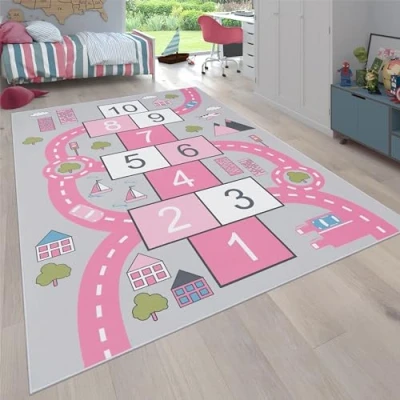 Image of Paco Home Children&#039;s Rug for Child&#039;s Room, Play Road Design, Hopscotch, Pink, Size:140x200 cm