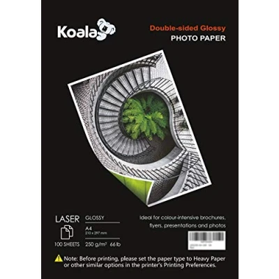 Image of KOALA Double Sided Glossy Laser Photo Paper A4, 250gsm, 100 Sheets. Suitable for Printers, Printing Photos, Brochures, Covers, Certificates, Booklets, Flyers, Leaflets, Cards, Calendars