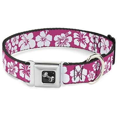 Image of Buckle Down Seatbelt Dog Collar Hibiscus Neon Pink/White 1&quot; Wide Fits 15 26&quot; Neck Large