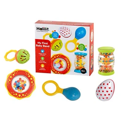 Image of Halilit My First Baby Band Gift Set. Musical Instrument for Babies includes Egg Shaker, Cage Bell, Maraca, Tube Shaker and Fun Rattle. 6 Months +