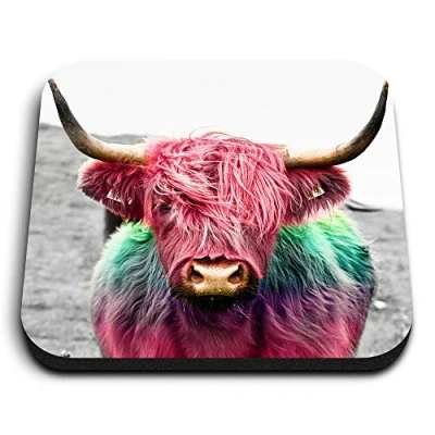 Image of 1 x Square MDF Fridge Magnet Pop Art Highland Cow Pink Rainbow 21684