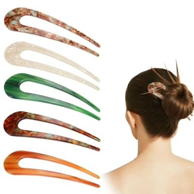 Image of 5 Pieces U Shaped Hair Pins for Buns, Large Bobby Thick Extra Hold, French Pin Brown Women, Twist Tool (5)