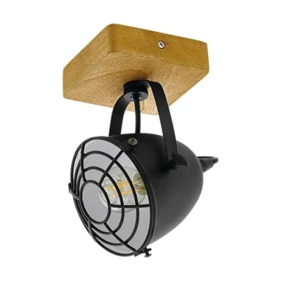 Image of Eglo Ceiling Light Fitting Gatebeck, Industrial lamp Living Room, Vintage Spotlight bar with 1 orientable spot Light, Black Steel and Natural Wood, E14 Socket, FSC Certified