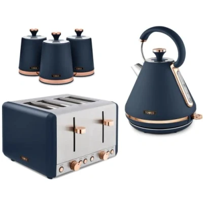 Image of TOWER Cavaletto 1.7L 3 KW Pyramid Kettle, 4 Slice 1600W Toaster and Set of Tea, Coffee &amp; Sugar Canisters. Contemporary Matching Kitchen 5 Items in Midnight Blue Rose Gold