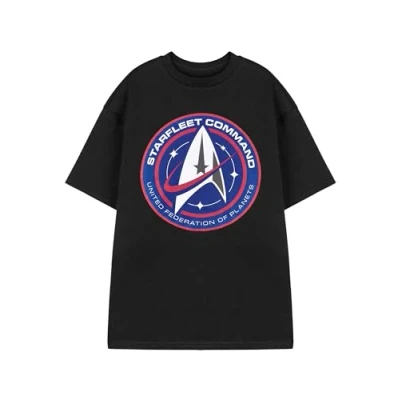 Image of Star Trek Mens Short Sleeve T Shirt Starfleet Command Logo Graphic Tee in Black Classic Sci Fi TV Series Apparel Officially Licensed Merchandise for Trekkies