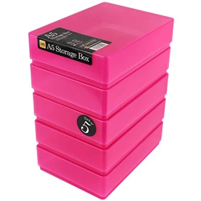Image of WestonBoxes A5 Plastic Craft Storage Boxes with Lids for Art Supplies, Paper and Card 1.8 Litre Volume (Pink, Pack of 5)