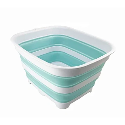 Image of SAMMART 15L Collapsible Dishpan with Draining Plug Foldable Washing Basin Portable Dish Tub Space Saving Kitchen Storage Tray (White/Lake Green)