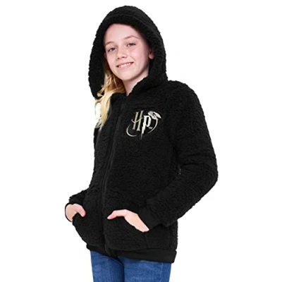 Image of Harry Potter Sherpa Hoodie for Girls, Zip Up Fleece Fluffy Kids Teens (Black HP Kids, 11 12 Years)