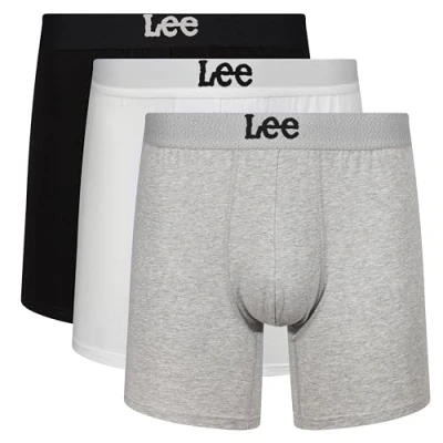 Image of Lee Men&#039;s Boxer Shorts Medium in Black/White/Grey Soft Touch Organic Cotton Trunks with Stretchy Elasticated Waistband Comfortable and Breathable Underwear Multipack of 3