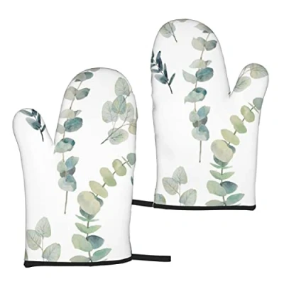 Image of Heat Resistant Oven Gloves Sets Of 2 Eucalyptus Leaves Printed Kitchen Non Slip Microwave Mitts 1 Pair For Baking Cooking Bbq