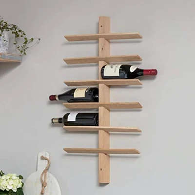 Image of CKB LTD Deluxe Holds 12 Bottles Large Wall Mounted Wine Rack Raw Oak Wooden Bottle Storage Holder For Bar Home Kitchen