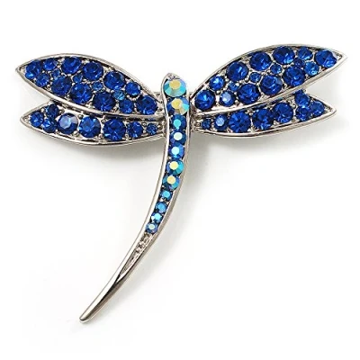 Image of Avalaya Classic Navy Blue Diamante Dragonfly Brooch (Silver Tone)