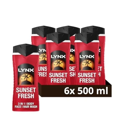 Image of Lynx Sunset Fresh 3 in 1 body Wash hair, face and cleanser with a mango mandarin scent for all day freshness 6x 500 ml