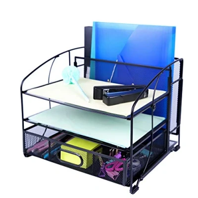 Image of EXERZ Mesh Desk Organiser Office Supplies 3 Trays/Desktop File Holder with Sliding Drawer and Hanging Holder/Paper sorters/Vertical Upright Section for Home Multifunctional (Black)