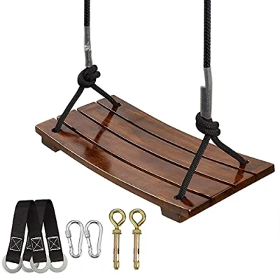 Image of PELLOR Wooden Swing Seat Carbonized Beech Wood Tree Swings with Reinforced Buckle Indoor &amp; Outdoor for Kids Adults, Max Load 200KG/440lbs