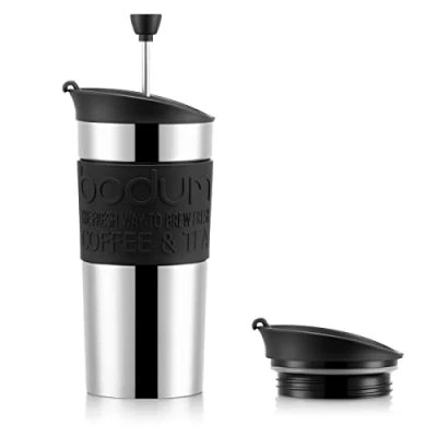 Image of BODUM Travel French Press Coffee Maker Set, Stainless Steel with Extra Lid, Vacuum, 350 ml/12 oz, Black