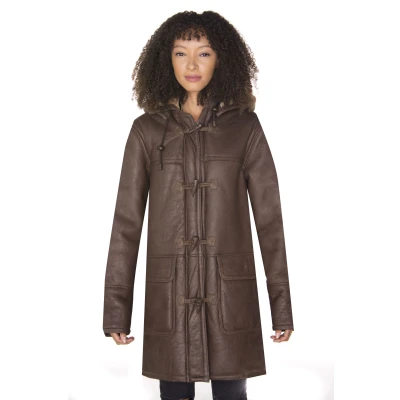 Image of Infinity Women&#039;s Brown Long Winter Hooded Real Shearling Sheepskin Leather Duffle Coat XS