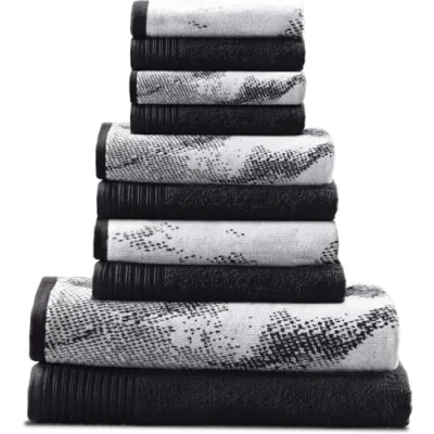 Image of Superior Cotton 10 Piece Assorted Solid and Marble Towel Set, Includes 2 Bath, 4 Hand, Washcloths/Face Towels, Soft, Absorbent, Decorative Bathroom Accessories, Home Essentials, Black
