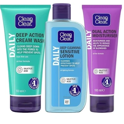 Image of Clean &amp; Clear Daily Skincare Bundle Deep Action Cream Wash (150ml), Cleansing Sensitive Lotion (200ml), Dual Moisturiser (100ml) Oil Free with Salicylic Acid Fights Spots Blemish