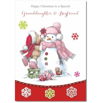 Image of doodlecards Granddaughter and Boyfriend Christmas Card Cute Bear with Snowman Medium Size for &amp; Plain Envelope