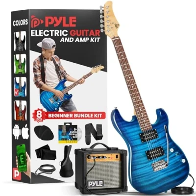 Image of Electric Guitar and Amp Kit â“ Full Size Instrument w/Humbucker Pickups Bundle Beginner Starter Package Includes Amplifier, Case, Strap, Tuner, Pick, Strings, Cable, Tremolo (Blue)