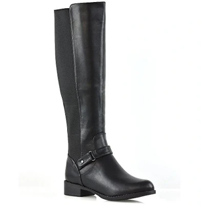 Image of ESSEX GLAM New Womens Flat Low Heel Knee High Ladies Zip Buckle Stretch Leg Calf Boots Size