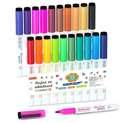 Image of Shuttle Art Whiteboard Pens, 20 Colours Magnetic Markers Fine Tip and Eraser, Dry Wipe White Board Pens for Kids Writing on Whiteboards, Weekly Planner, Glass School Office Home