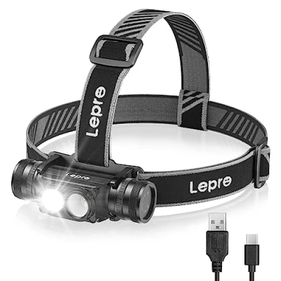 Image of Lepro Head Torch Rechargeable, 2 in 1 Detachable Lightweight Headlamp with IP65 Waterproof, 180 Adjustable, 6 Lighting Modes, Long Runtime, Red Lights, Al Alloy LED Headlight for Camping