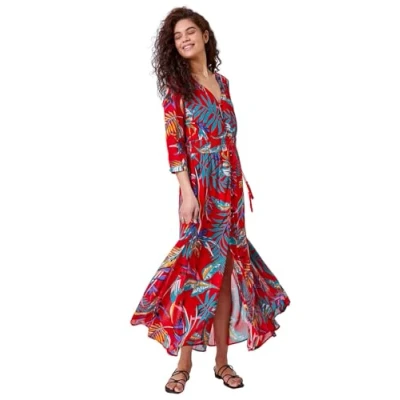 Image of Roman Originals Shirred Waist Dress for Women UK Ladies Midi Maxi Summer Spring Tiered Frill Hem Short Sleeve V Neck Button Through Boho Bohemian Gypsy Holiday Red Yellow Size 20