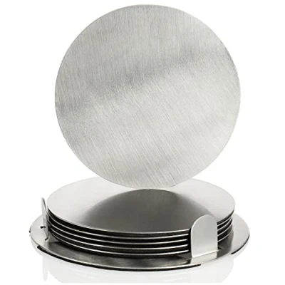 Image of com four® 7 piece coaster set with holder stainless steel coasters for drinks round silver colored (007 colored)