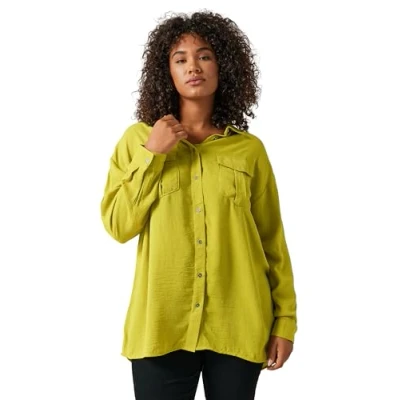 Image of EVANS Curve Chartreuse Long Sleeve Utility Shirt Women&#039;s Plus Size Green