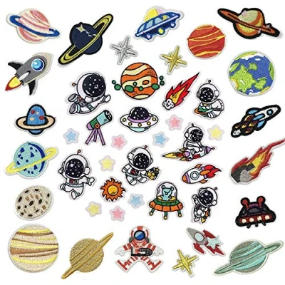 Image of Woohome Iron on Patches 43 PCS Solar System Astronaut Space Planets Patch Appliques Stickers for Clothing, Backpack, Caps