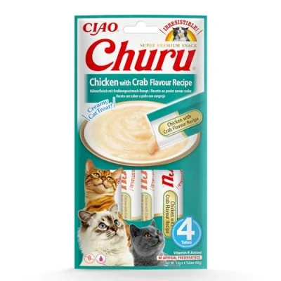 Image of Ciao Churu Sticks by INABA Cat Treat Chicken &amp; Crab Flavour (4 x 14g) / Soft Creamy Treat, Delicious Healthy Snack, Squeezable Purée Food Topper, Pill Assist, Natural, Grain Free