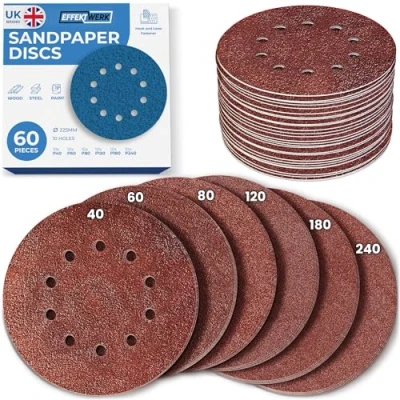 Image of Effektwerk Sanding Discs (60 Pack, 10 Holes), 225mm Sandpaper for Random Orbital Sanders, Self Adhesive w/Hook &amp; Loop Closure, Fine Coarse Grinding w/ 40/60/80/120/180/240 Grits (10 Pcs each)