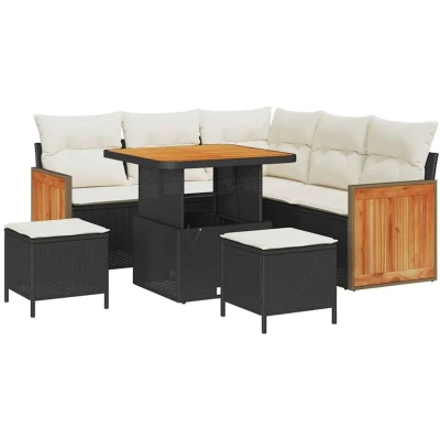 Image of vidaXL 8 Piece Garden Sofa Set with Cushions Black Poly Rattan Acacia