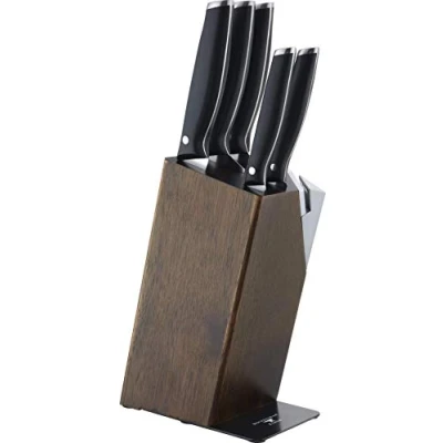 Image of Rockingham Forge 6 Piece Knife Block Set, Contains 5 Kitchen Knives with &#039;Safe D&#039; Tips &amp; 1 Deluxe Wooden Sharpener, Silver, Black, Dark Wood