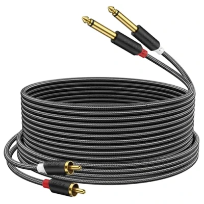 Image of J&amp;D Dual 1/4 inch TS to RCA Stereo Audio Interconnect Cable, Gold Plated Audiowave Series 2X 6.35mm Male 2 Adapter with PVC Shelled Housing and Nylon Braid, 4.5 Meter
