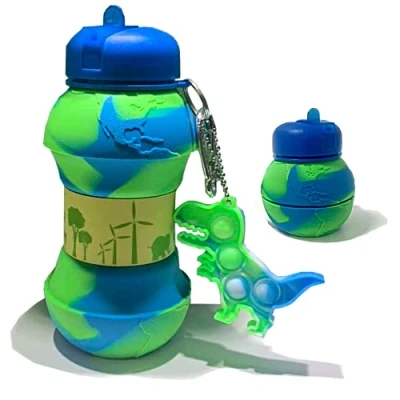 Image of CARESWAY Kids Water Bottle with Keyring 500 ml Girls and Boys Drinking for School Leakproof Collapsible Reusable BPA Free Children Drinks Earth Globe