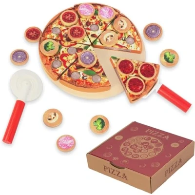 Image of WOODENFUN Cutting Play Food Toy for Kids Kitchen,Wooden Pizza Set Pretend Kitchen Accessories,Learning Birthday Gifts Boys Girls Toddlers (6 pcs set)