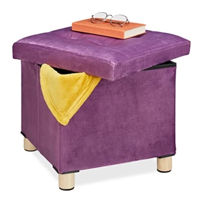 Image of Relaxdays Ottoman, Stool with Storage, H x W D 35 38 cm, Cushioned Velvet and MDF, Mauve, Fibreboard