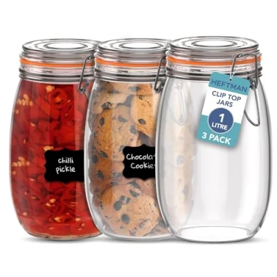Image of HEFTMAN Glass Clip Top Jar Set of 3 1 Litre Airtight Jars with Lids and Silicone Seal for Pasta, Sourdough Starter, Chutney Kitchen Organisation Empty Storage (1L Pack)