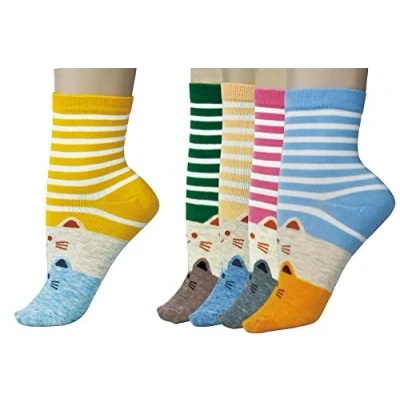 Image of Vinsani® Two Kitty Faces On Toe Print Socks 5 Pairs Pack Multi Design OneSize Fits All Cotton with Cat