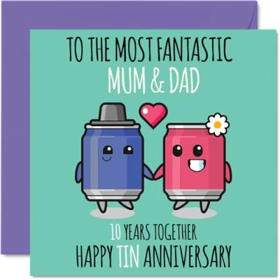 Image of Cute Tin Anniversary Card for Mum &amp; Dad 10 Years Together Happy 10th Wedding Cards Mum, 145mm x Greeting Tenth Anniversaries