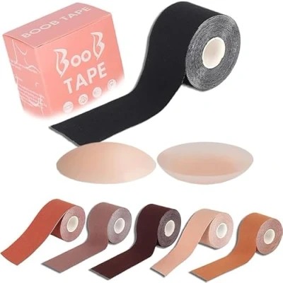 Image of SELLY Boob Tape, Bob Tape for Large Breasts, Self Adhesive Strapless Boobtapes with 2 Pcs Nipple Covers, 5M Stretchable Longer Than Regular Roll, Perfect to Stick on Bra Black