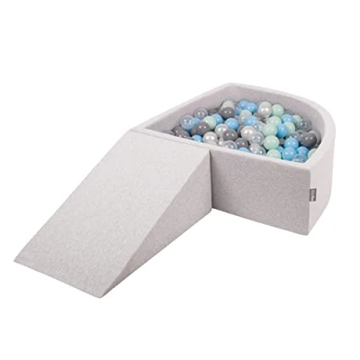 Image of KiddyMoon Foam Playground For Kids With Quarter Angular Ballpit (200 Balls) Obstacle Course, Lightgrey:Pearl/Grey/Transparent/Babyblue/Mint