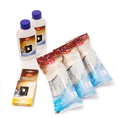 Image of Melitta 6pc Maintenance Kit for Coffee Machines, Water Filter, Liquid Descaler, Cleaning Tabs, Anti calc