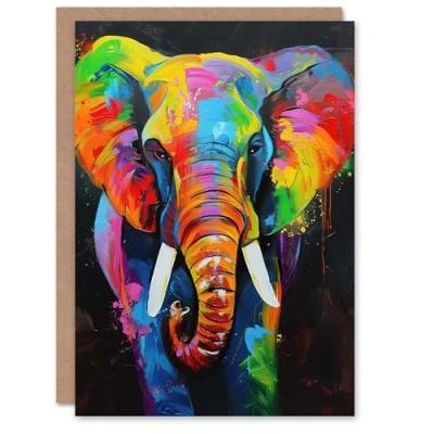 Image of Artery8 Colourful Elephant Vibrant Psychedelic Painting Greeting Birthday Card Him Her All Blank